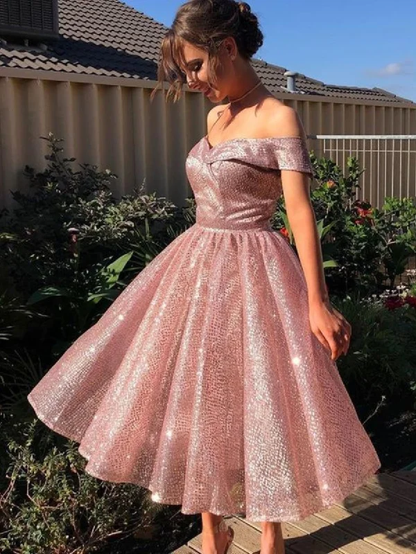 relaxed fit dressrelaxed fit dressShiny Off Shoulder Knee Length Rose Pink Prom Dresses, Sparkly Pink Formal Graduation Homecoming Dresses