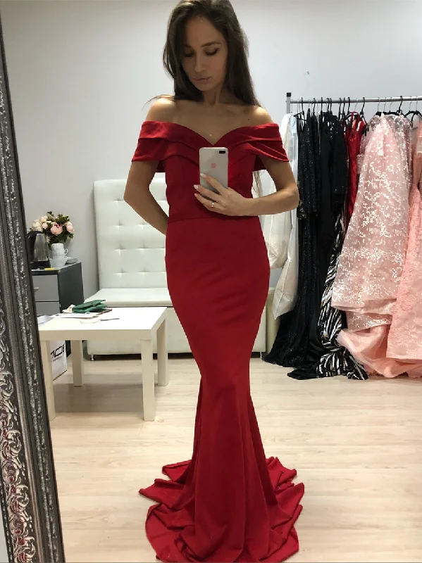 Can't Miss Elegant Off Shoulder Mermaid Long Red Prom Dresses, Off Shoulder Mermaid Red Formal Graduation Evening Dresses