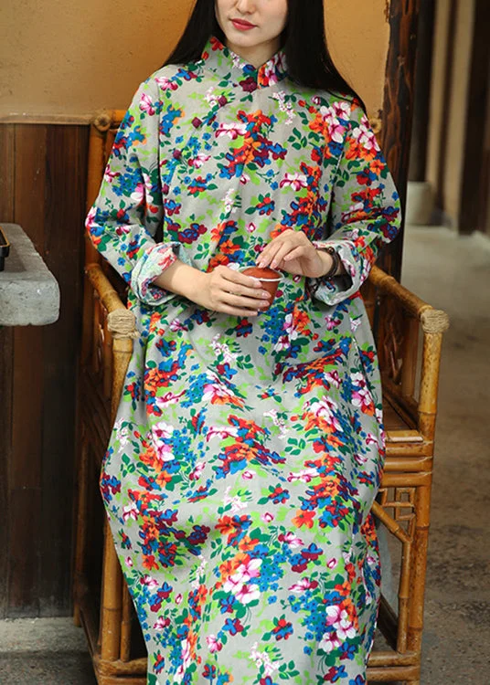 Referral Discount French Dark Grey Stand Collar Print Patchwork Cotton Dress Fall
