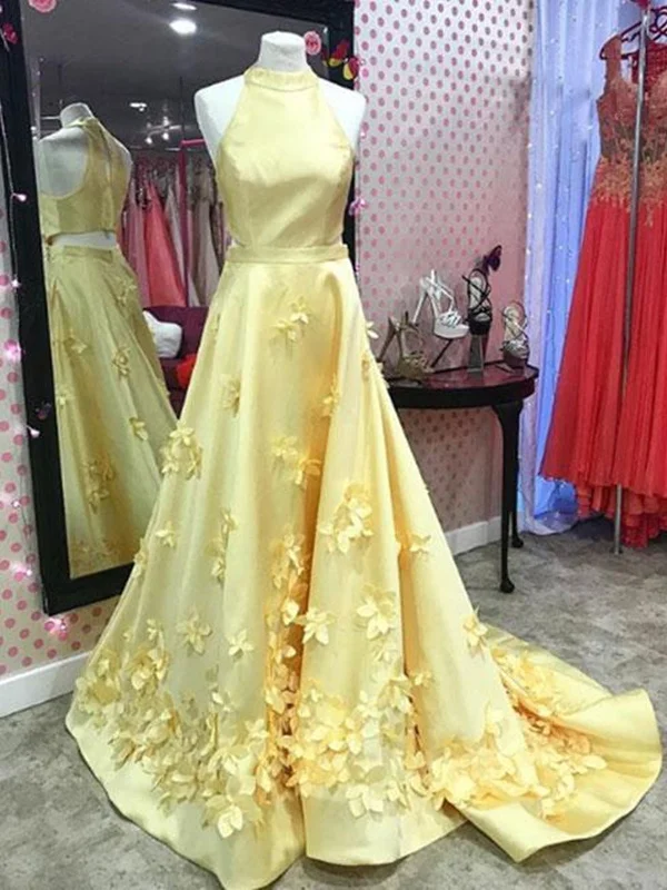 Final Markdown A Line Round Neck Yellow Floral Long Prom Dresses, 3D Flowers Yellow Formal Evening Dresses