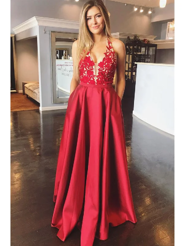 Super Savings A Line Halter V Neck Backless Lace Appliques Red Prom Dresses, V Neck Red Formal Dresses, Red Lace Evening Dresses 2019 Super Savings A Line Halter V Neck Backless Lace Appliques Red Prom Dresses, V Neck Red Formal Dresses, Red Lace Evening Dresses 2019