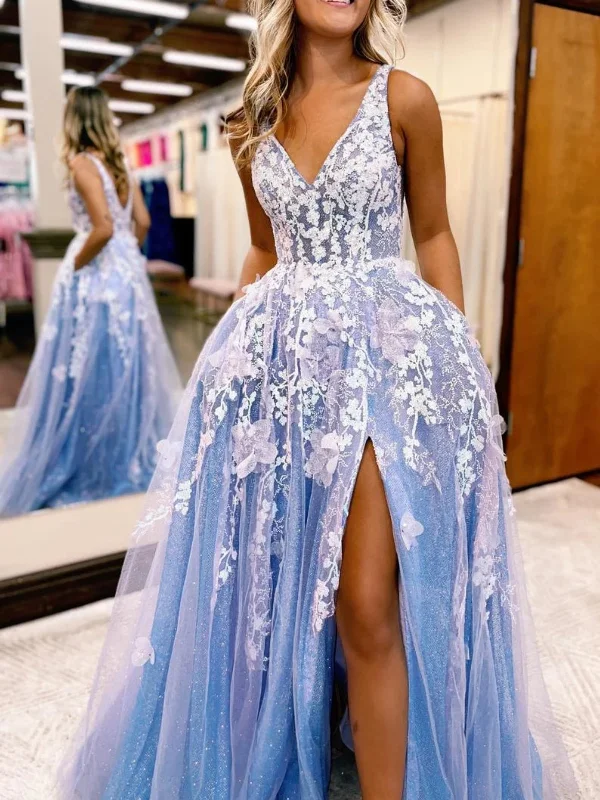 winter dresswinter dressShiny V Neck Blue Tulle White Lace Floral Long Prom Dresses with High Slit, Blue Formal Evening Dresses with White Appliques SP2572