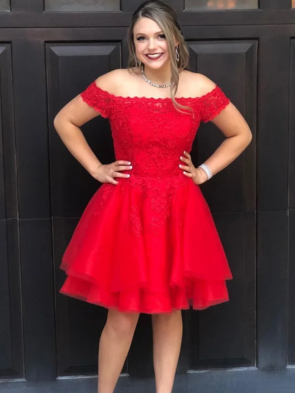 tiered dresstiered dressOff the Shoulder Layered Red Lace Short Prom Homecoming Dresses, Off Shoulder Red Formal Dresses, Red Lace Evening Dresses SP2070