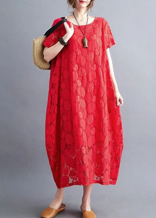 Deal Dash Diy Red Oversized Hollow Out Lace Long Dress Summer