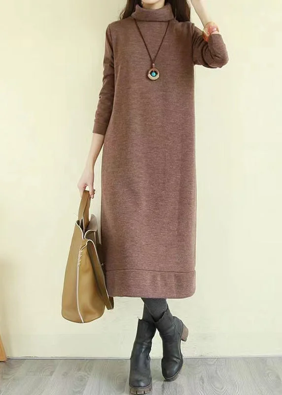 Instant Savings Italian Coffee Hign Neck Patchwork Cotton Long Dress Fall