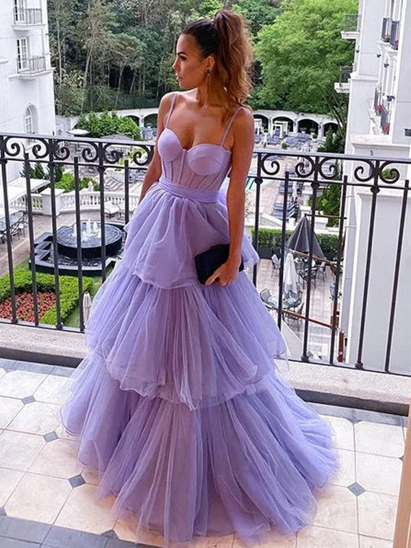 Bonus Savings Open Back Spaghetti Straps Lilac Tulle Layered Long Prom Dresses, Purple Tulle Formal Evening Dresses SP2287