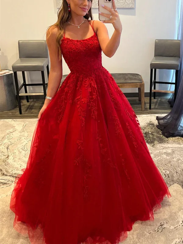 form-fitting dressform-fitting dressBackless Red Tulle Lace Long Prom Dresses, Red Lace Formal Evening Dresses, Red Ball Gown SP2399