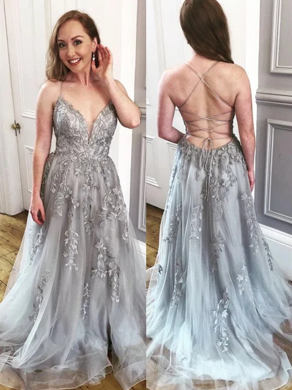 Price Blitz A Line V Neck Backless Gray Lace Long Prom Dresses, Grey Lace Formal Evening Dresses Price Blitz A Line V Neck Backless Gray Lace Long Prom Dresses, Grey Lace Formal Evening Dresses