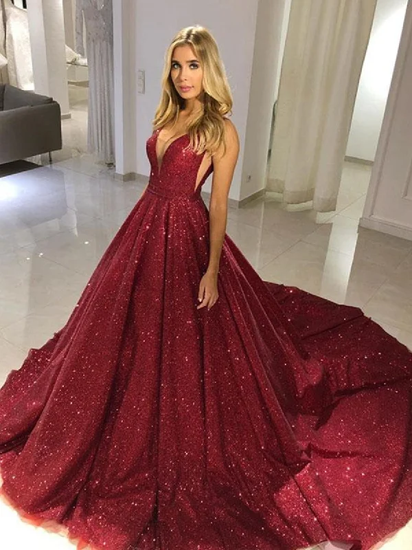 Price Drop Shiny V Neck Burgundy Sequins Long Prom Dresses, Burgundy Formal Evening Dresses, Sparkly Ball Gown