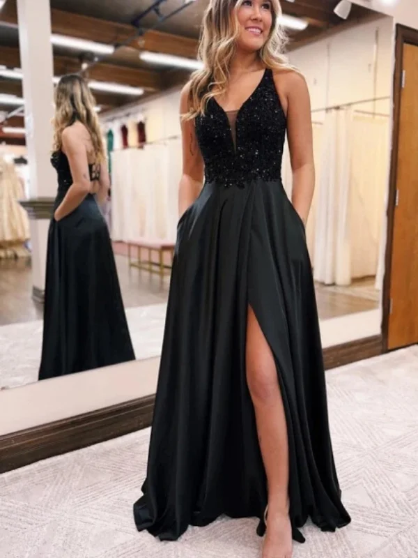 playful dressplayful dressA Line V Neck Open Back Black Sequin Long Prom Dresses with High Slit, V Neck Black Formal Graduation Evening Dresses SP2797