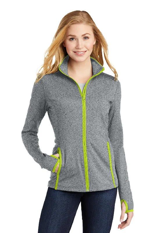Online Only Sport-Tek Womens Sport-Wick Moisture Wicking Full Zip Jacket - Heather Charcoal Grey/Charge Green