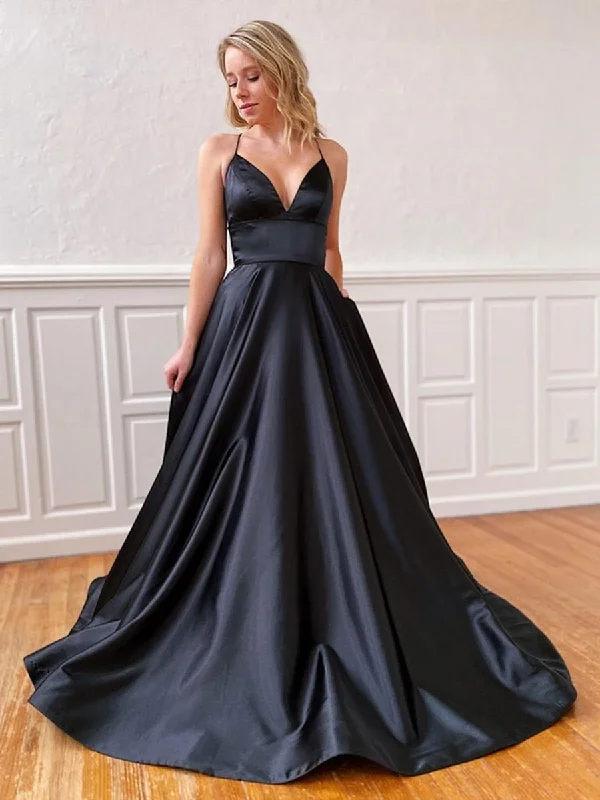 Limited Time Offer A Line V Neck Backless Black Long Prom Dresses, Backless Black Formal Dresses, Black Evening Dresses, Party Dresses