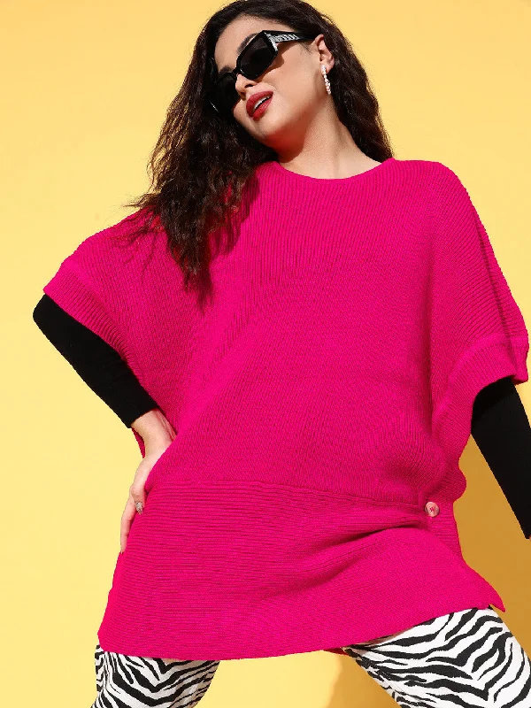 Customer Appreciation Sale Women Fuchsia Knit Side Button Poncho Sweater
