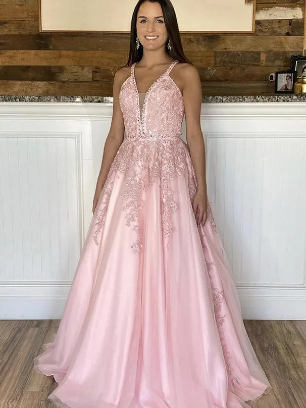 Discount Deals Deep V Neck Pink Lace Long Prom Dresses, Pink Lace Formal Dresses, Pink Evening Dresses Discount Deals Deep V Neck Pink Lace Long Prom Dresses, Pink Lace Formal Dresses, Pink Evening Dresses