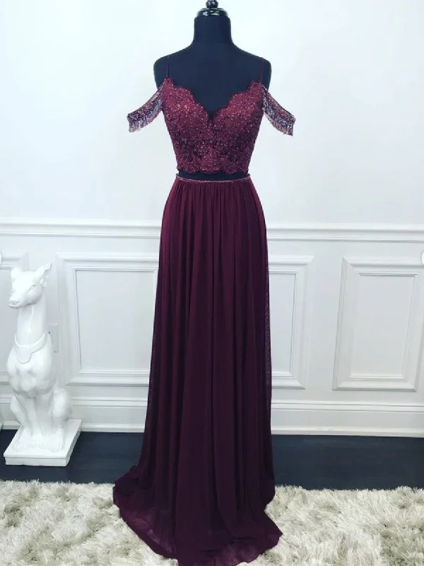 Buy Now Off Shoulder Two Pieces Purple Lace Beaded Long Prom Dresses, 2 Pieces Purple Lace Formal Graduation Evening Dresses