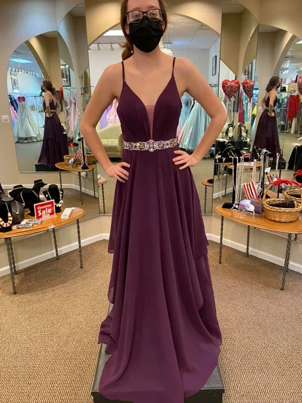 Don't Miss V Neck and V Back Purple Chiffon Long Prom Dresses with Belt, V Neck Purple Formal Graduation Evening Dresses SP2376 Don't Miss V Neck and V Back Purple Chiffon Long Prom Dresses with Belt, V Neck Purple Formal Graduation Evening Dresses SP2376
