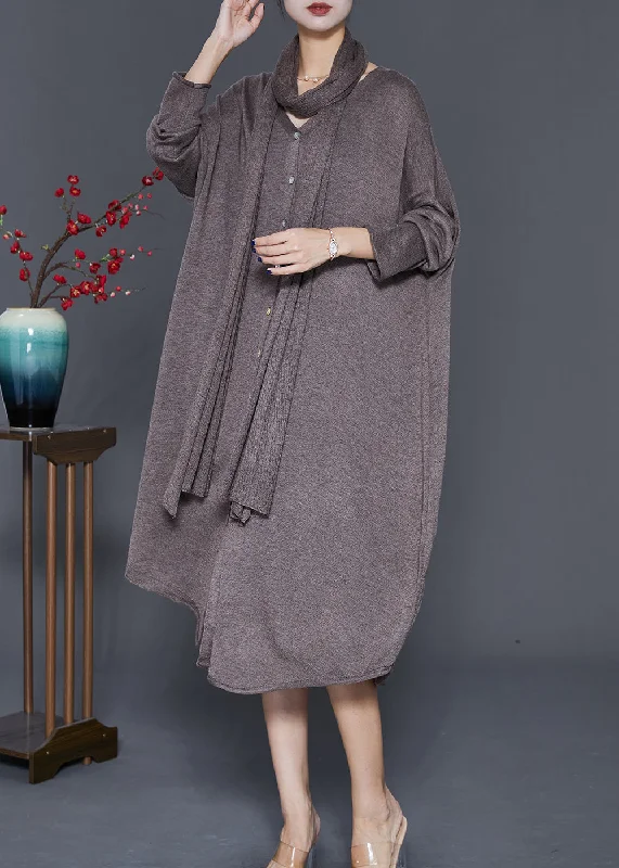 Exclusive Online Offer Coffee Loose Knit Dresses Asymmetrical Complimentary Scarf Fall Exclusive Online Offer Coffee Loose Knit Dresses Asymmetrical Complimentary Scarf Fall