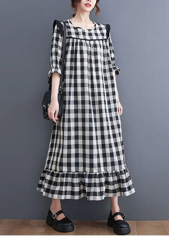 pleated dresspleated dressWomen Grey Plaid Ruffled Patchwork Ruffles Cotton Dresses Summer