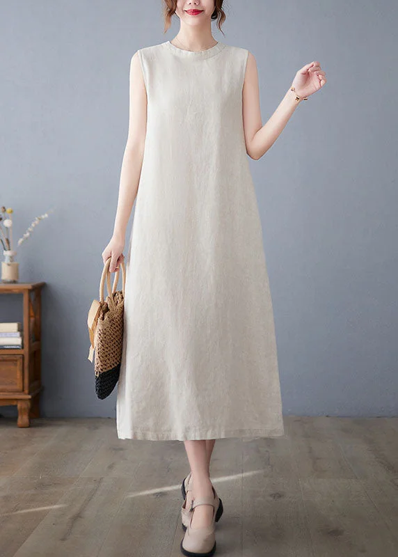 comfy maxi dresscomfy maxi dressBoutique Beige O Neck Pockets Patchwork Cotton Dresses Sleeveless