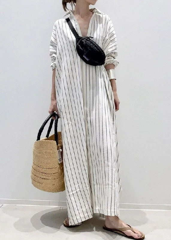 oversized dressoversized dressHandmade White Peter Pan Collar Striped Cotton Long Shirts Dresses Spring