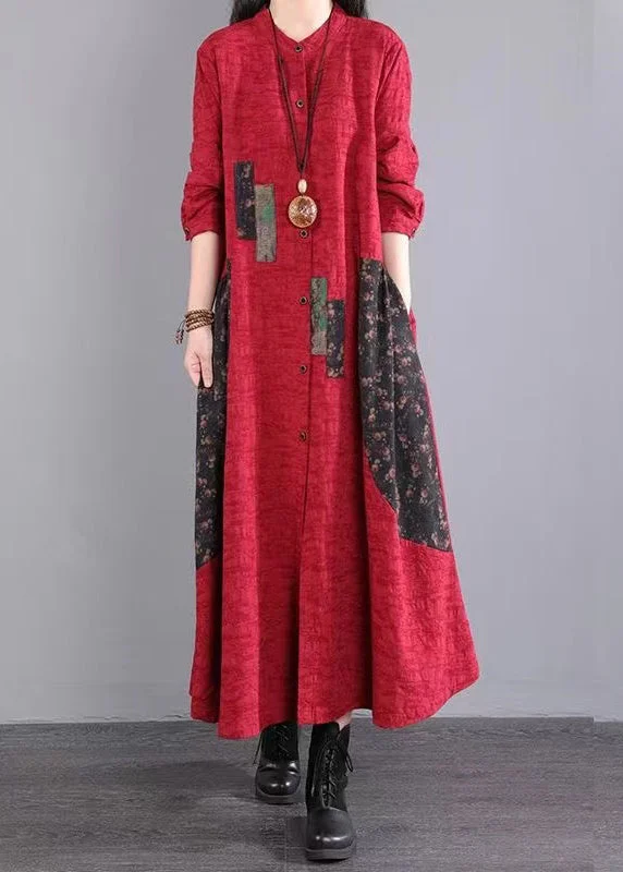 Doorbuster Deal Red Print Pockets Patchwork Casual Cotton Long Dress Button Fall