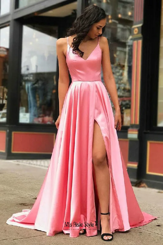 off-shoulder dressoff-shoulder dressA line Spaghetti Straps Split Prom Dress