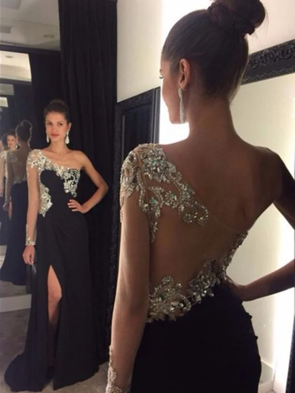 Value Deals A Line One Shoulder Black Backless Prom Dress, Black Backless Formal Dress Value Deals A Line One Shoulder Black Backless Prom Dress, Black Backless Formal Dress