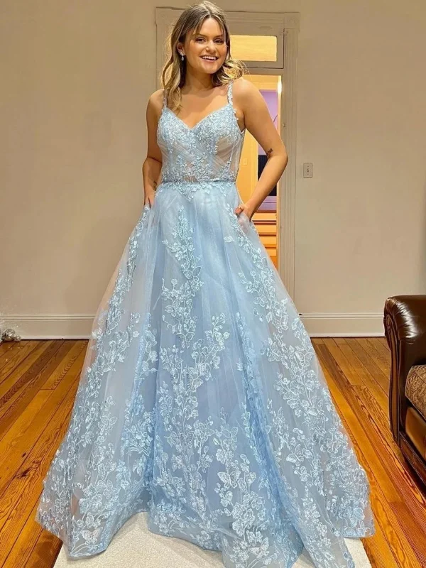 bohemian dressbohemian dressA Line V Neck Light Blue Lace Long Prom Dresses, Light Blue Floral Formal Graduation Evening Dresses SP2633