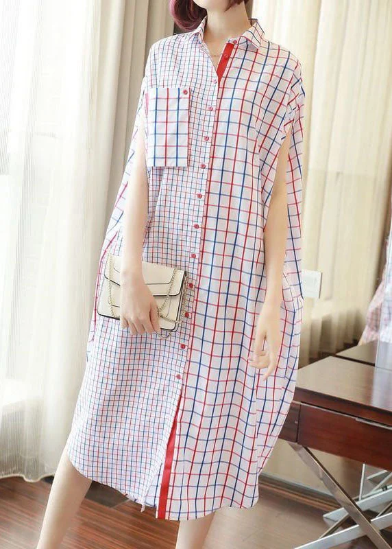 midi dressmidi dressItalian White Oversized Patchwork Plaid Cotton Shirt Dress Summer