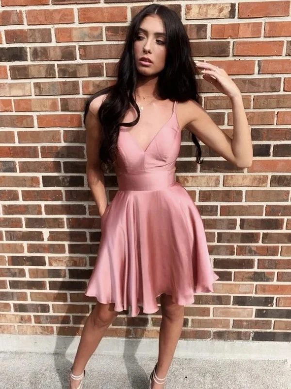 floral dressfloral dressPretty V Neck Short Rose Pink Prom Dresses, Rose Pink Formal Graduation Homecoming Dresses