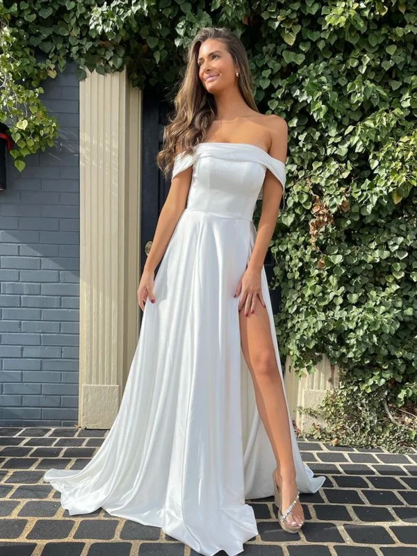 trendy bodycon dresstrendy bodycon dressSimple Off Shoulder White Satin Long Prom Dresses with High Slit, Off the Shoulder White Formal Graduation Evening Dresses SP2599