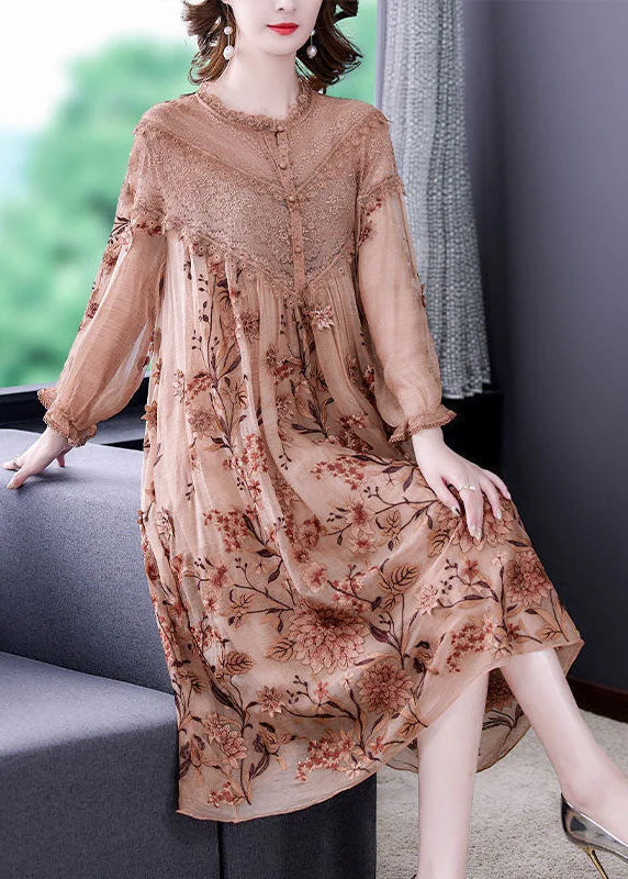 layered dresslayered dressItalian Khaki Embroideried Patchwork Lace Silk Holiday Dress Spring