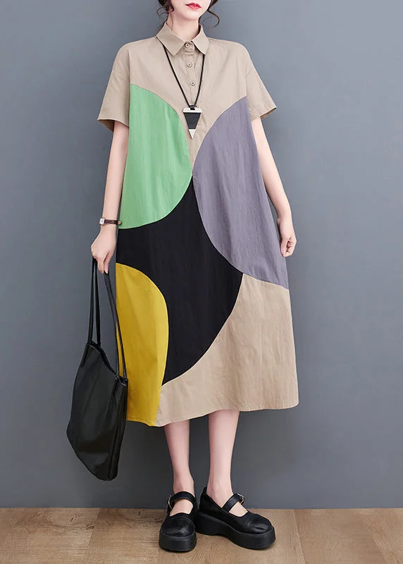 Exclusive Online Offer Vogue Khaki Peter Pan Collar Print Button Maxi Shirt Dresses Short Sleeve