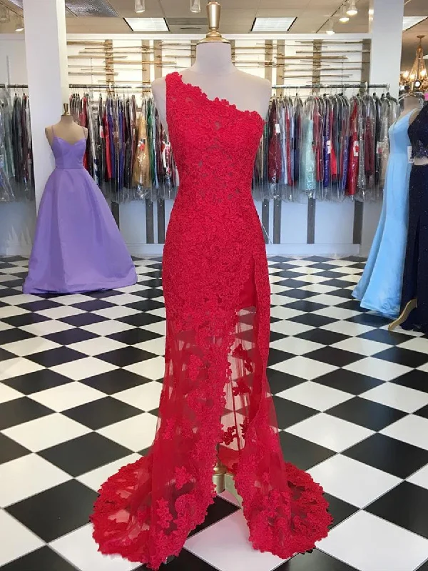 Today’s Special Red Mermaid One Shoulder Lace Long Prom Dresses with High Slit, Mermaid Red Lace Formal Dresses, Lace Red Evening Dresses Today’s Special Red Mermaid One Shoulder Lace Long Prom Dresses with High Slit, Mermaid Red Lace Formal Dresses, Lace Red Evening Dresses