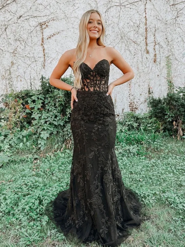 summer dresssummer dressMermaid Black Lace Long Prom Dresses, Strapless Black Lace Formal Dresses, Black Tulle Evening Dresses SP2221