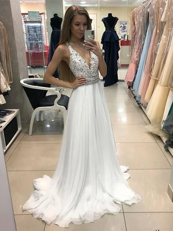 Final Clearance A Line V Neck Beaded Long White Lace Prom Dresses with Belt, V Neck White Lace Formal Dresses, Lace White Evening Dresses Final Clearance A Line V Neck Beaded Long White Lace Prom Dresses with Belt, V Neck White Lace Formal Dresses, Lace White Evening Dresses