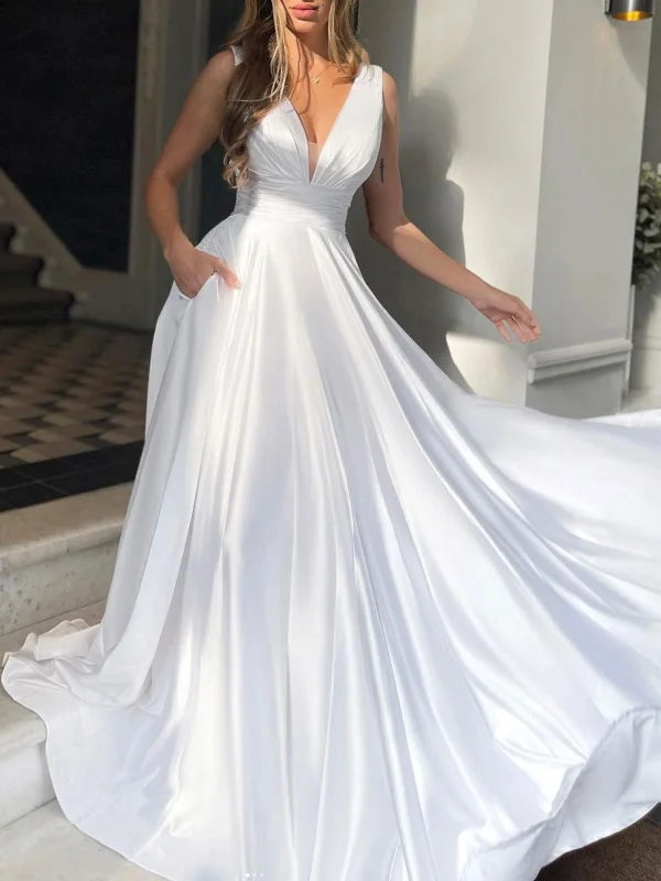 Deep Discounts Simple V Neck White/Green Satin Long Prom Dresses, Long White/Green Formal Graduation Evening Dresses SP2229 Deep Discounts Simple V Neck White/Green Satin Long Prom Dresses, Long White/Green Formal Graduation Evening Dresses SP2229