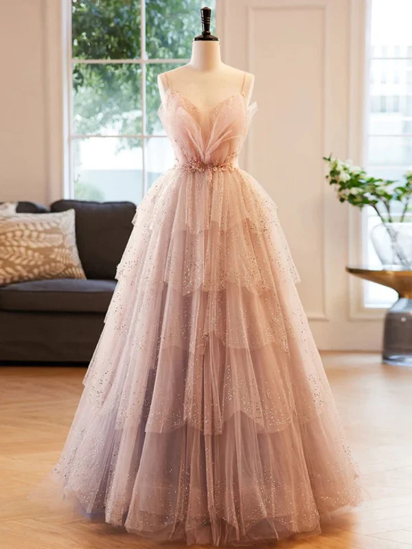 draped dressdraped dressGorgeous V Neck Beaded Layered Champagne Tulle Long Prom Dresses, Champagne Formal Evening Dresses, Ball Gown SP2568