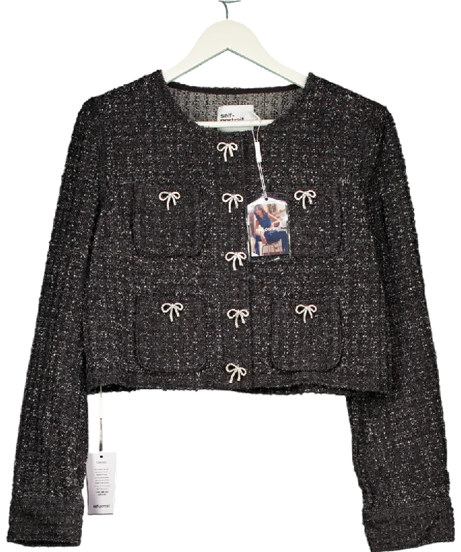Mega Sale Self-Portrait Black Tweed Embellished Bow Button Jacket UK 16