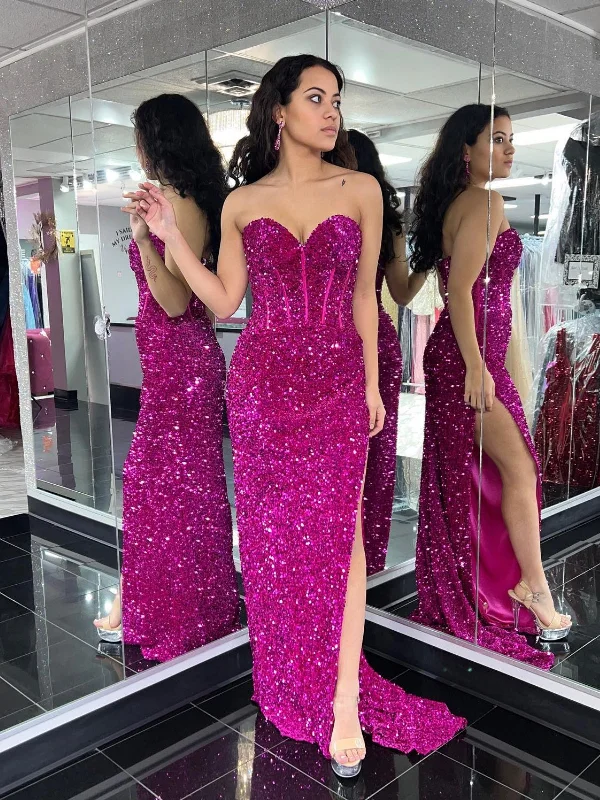 pleated dresspleated dressShiny Sequins Strapless Mermaid Fuchsia Long Prom Dresses with High Slit, Mermaid Fuchsia Formal Dresses, Fuchsia Evening Dresses SP2549