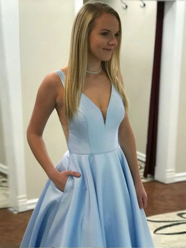 Weekend Deal A Line V Neck Light Blue Satin Long Prom Dresses with Pocket, V Neck Light Blue Formal Graduation Evening Dresses Weekend Deal A Line V Neck Light Blue Satin Long Prom Dresses with Pocket, V Neck Light Blue Formal Graduation Evening Dresses