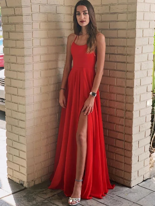 Year-End Sale Simple A Line Backless Red Long Prom Dresses with Leg Slit, Sexy Backless Red Formal Graduation Evening Dresses