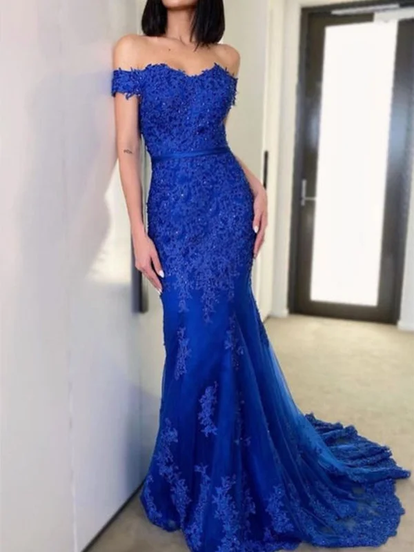 off-the-shoulder dressoff-the-shoulder dressOff Shoulder Mermaid Blue Lace Long Prom Dresses, Blue Lace Formal Dresses, Mermaid Blue Evening Dresses SP2253