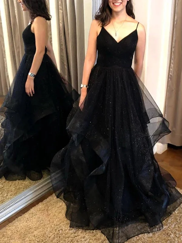 Buy Now A Line V Neck Backless Sequins Black Long Prom Dresses, Backless Black Formal Dresses, Black Evening Dresses