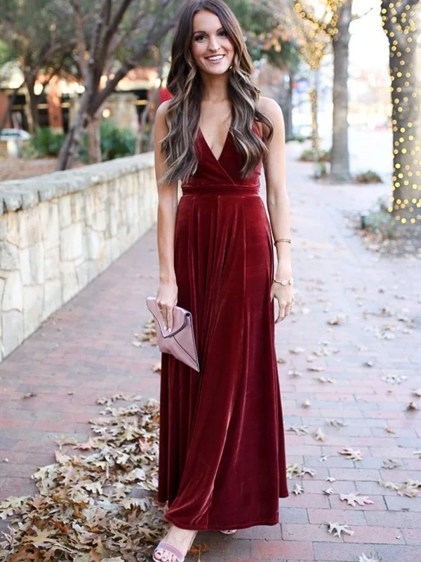 Bonus Savings A Line Halter V Neck Backless Ankle Length Burgundy Prom Dresses, Backless Wine Red Velet Formal Dresses, Maroon Evening Dresses
