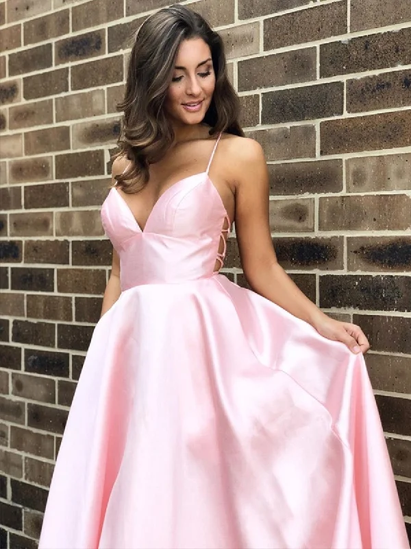 Super Bargain Simple A Line V Neck Backless Pink Satin Long Prom Dresses, Backless Pink Formal Dresses, Pink Evening Dresses