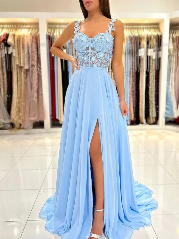 trendy mini dresstrendy mini dressSweetheart Neck Blue Lace Floral Long Prom Dresses with High Slit, Blue Lace Formal Graduation Evening Dresses SP2539