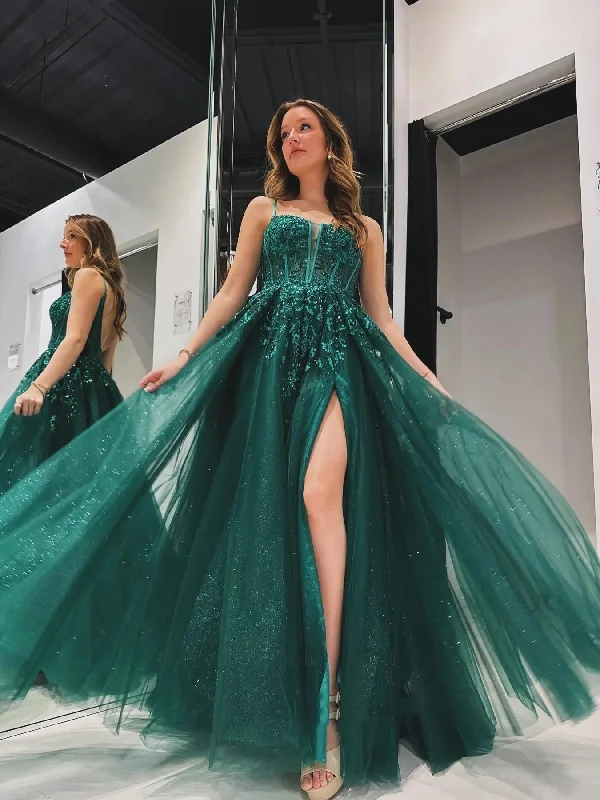 cocktail party dresscocktail party dressA Line V Neck Backless Green Lace Long Prom Dresses with High Slit, Green Lace Formal Graduation Evening Dresses SP3035