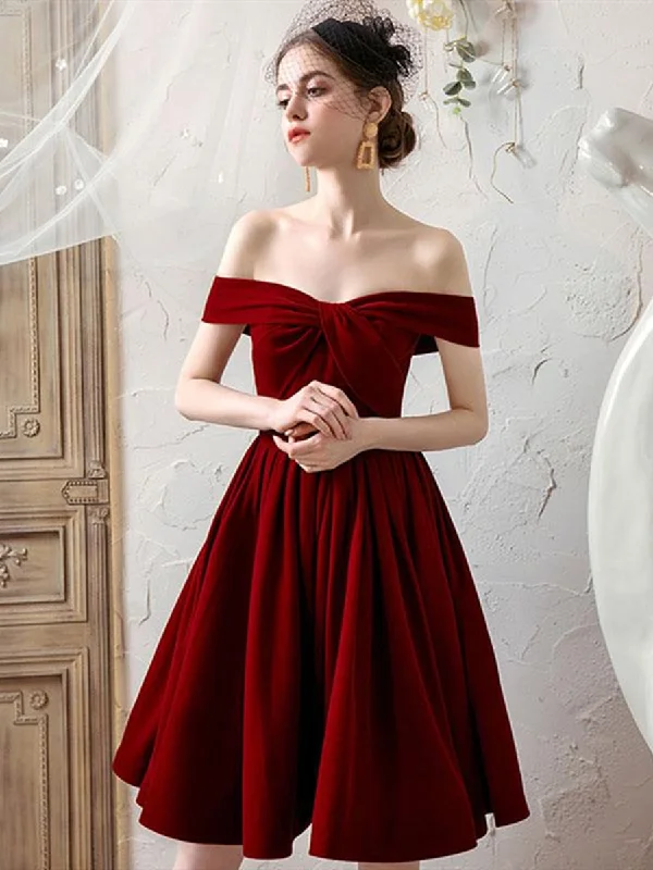 office dressoffice dressOff the Shoulder Burgundy Short Prom Dresses, Off Shoulder Burgundy Homecoming Dresses, Burgundy Formal Graduation Evening Dresses