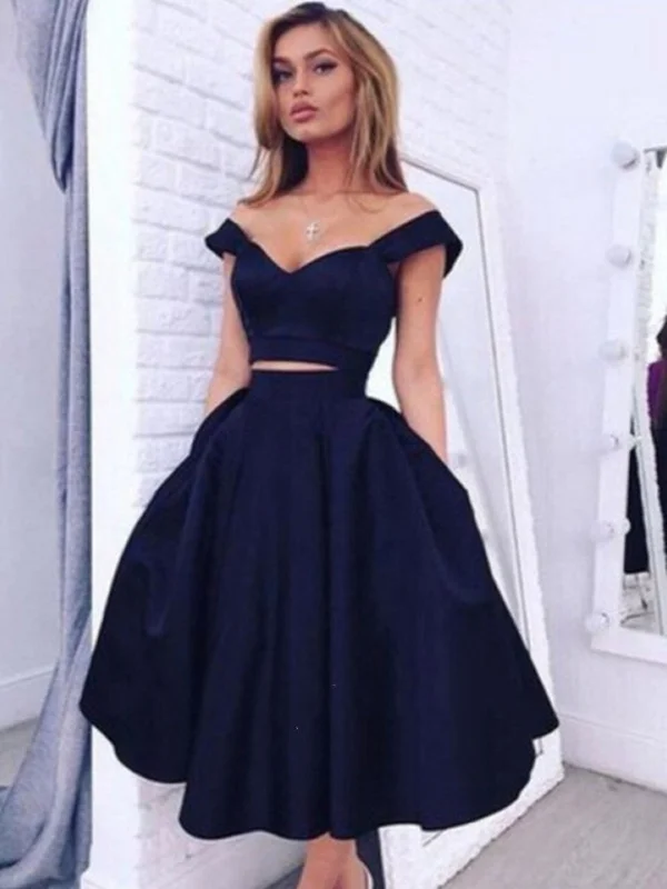 party dressparty dressOff Shoulder Two Pieces Puffy Navy Blue Prom Dresses, Navy Blue Homecoming Dresses